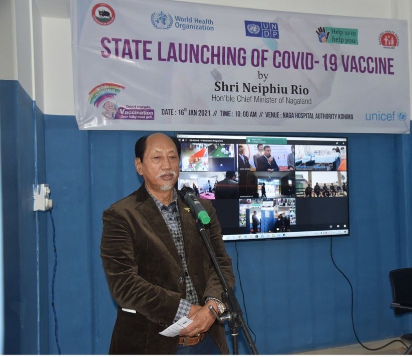 Nagaland Chief Minister Neiphiu Rio speaking at the inaugural function of the State Level Laucnching Programme of COVID-19 vaccination at Naga Hospital Authority Kohima on January 16. (Morung Photo)